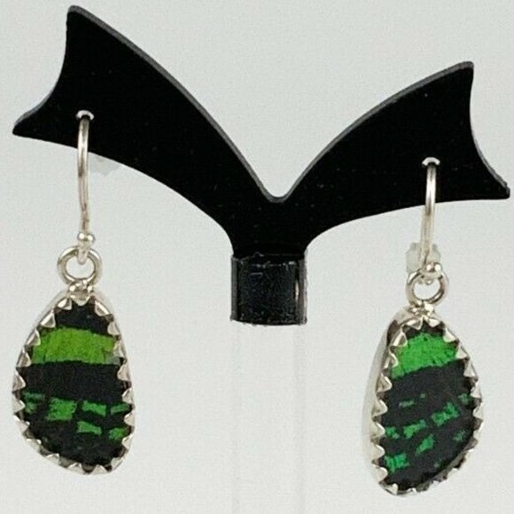 Reversible Sterling Silver Iridescent Butterfly Wing Drop Dangle Hook Earrings - Picture 3 of 5